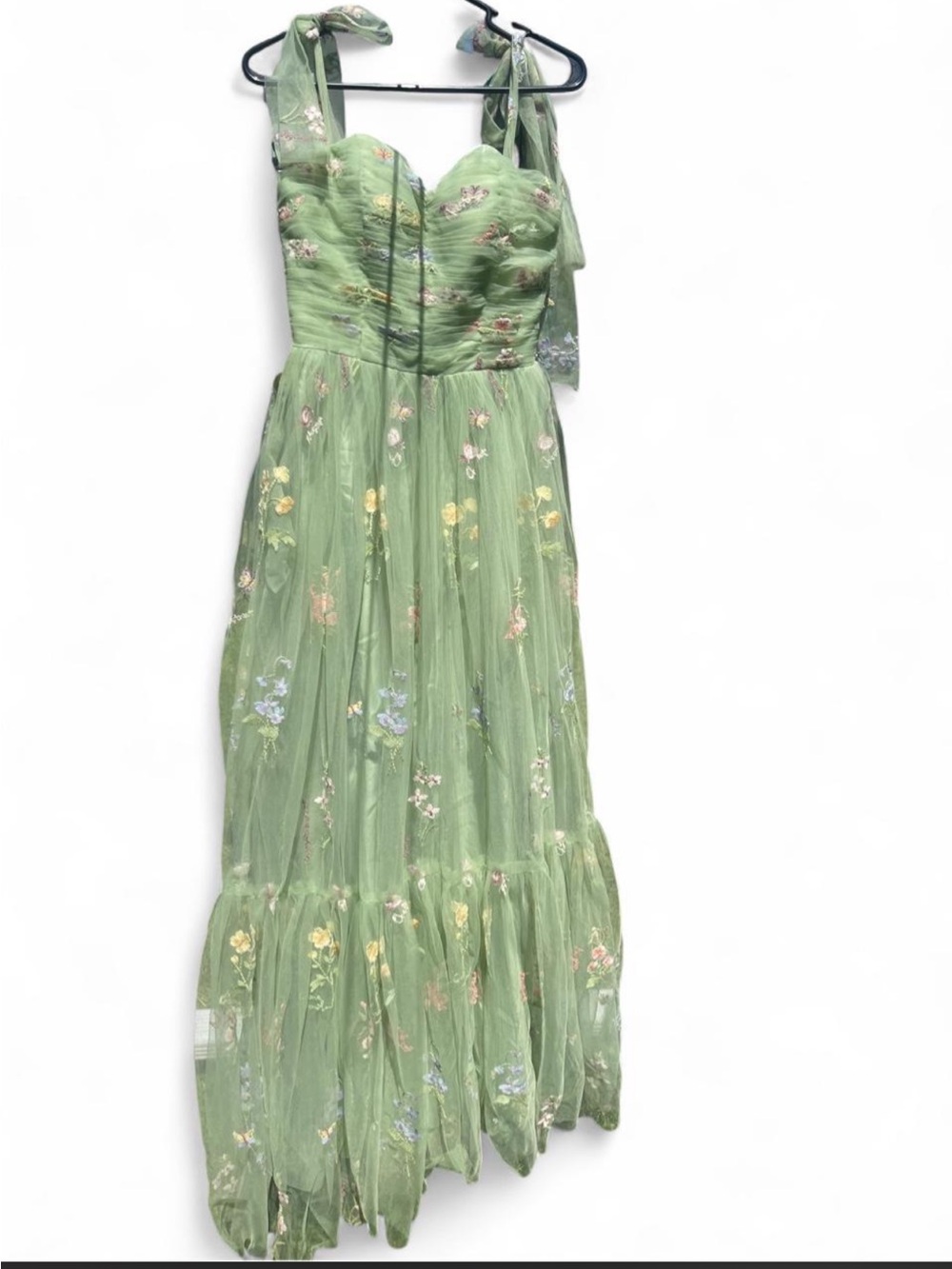 Sage Green Floral Tie-Shoulder Tulle Maxi  Dress - US4